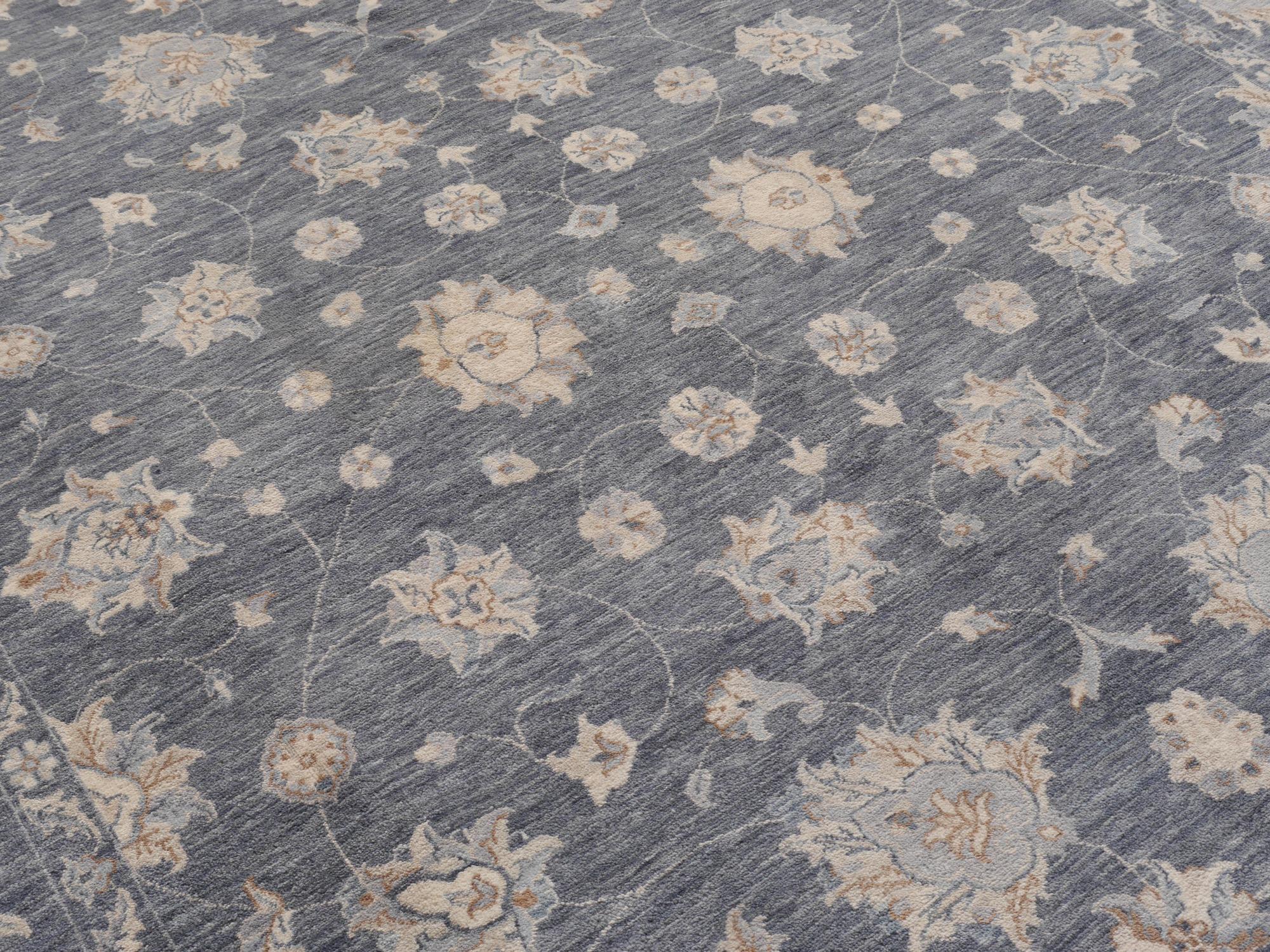 Indian Hand Knotted 21st Century Rug Contemporary in Style of Oushak Grey and Beige
