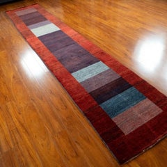 Hand-Knotted 2.5x13 Tribal Wool Runner Red Plum Modern Color Block Rug