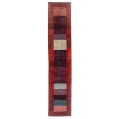 Hand-Knotted 2.5x13 Tribal Wool Runner Red Plum Modern Color Block Rug