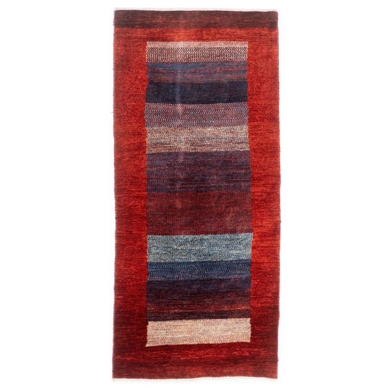 Hand-Knotted 2.5x6 Tribal Wool Rug Red Blue Plum Modern Striped Runner For Sale