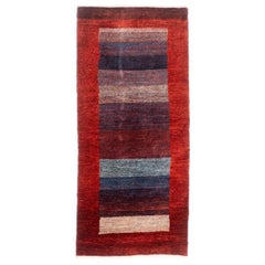 Hand-Knotted 2.5x6 Tribal Wool Rug Red Blue Plum Modern Striped Runner
