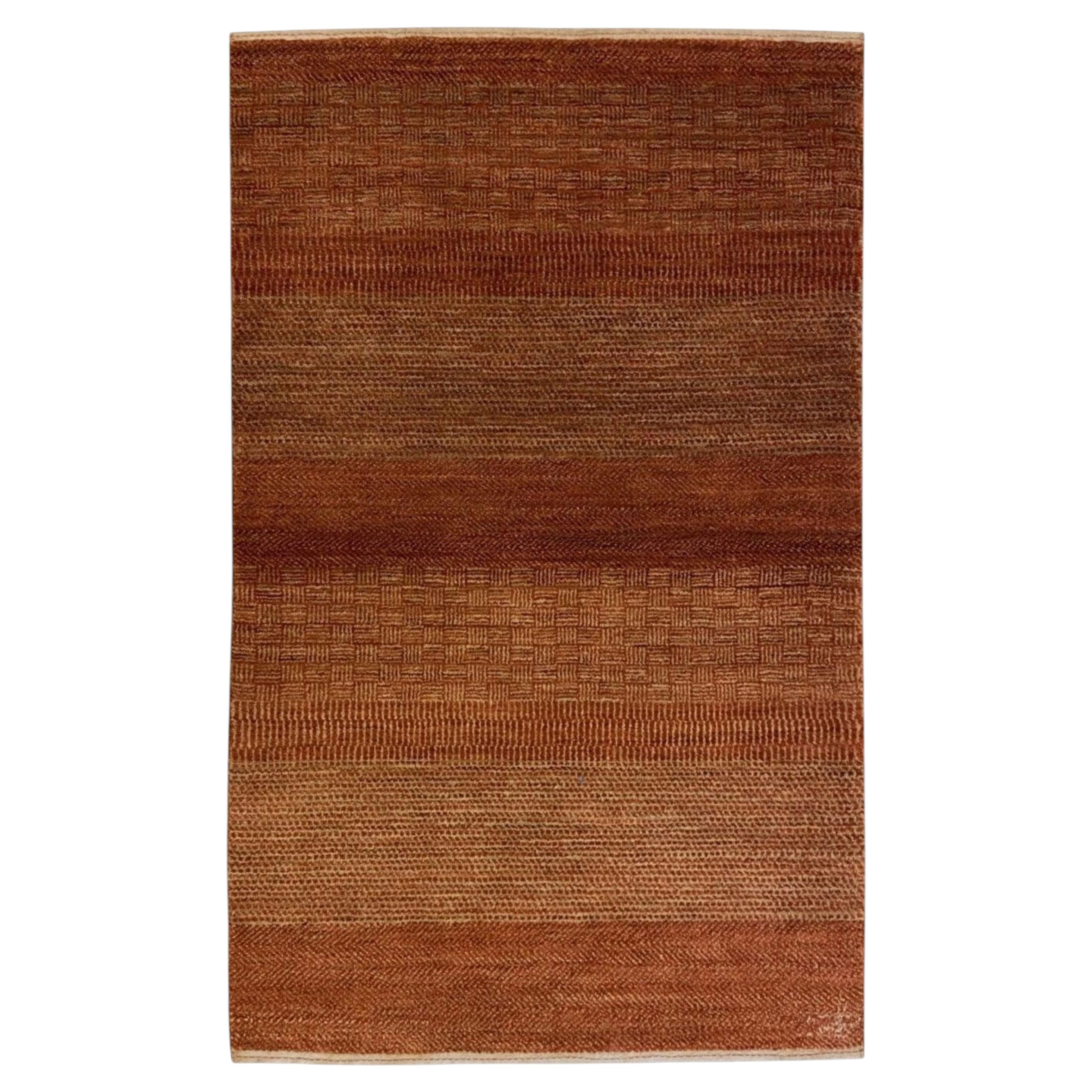 Hand-Knotted 3x4 Simple Abstract Geometric Wool Rug in Rust and Camel For Sale