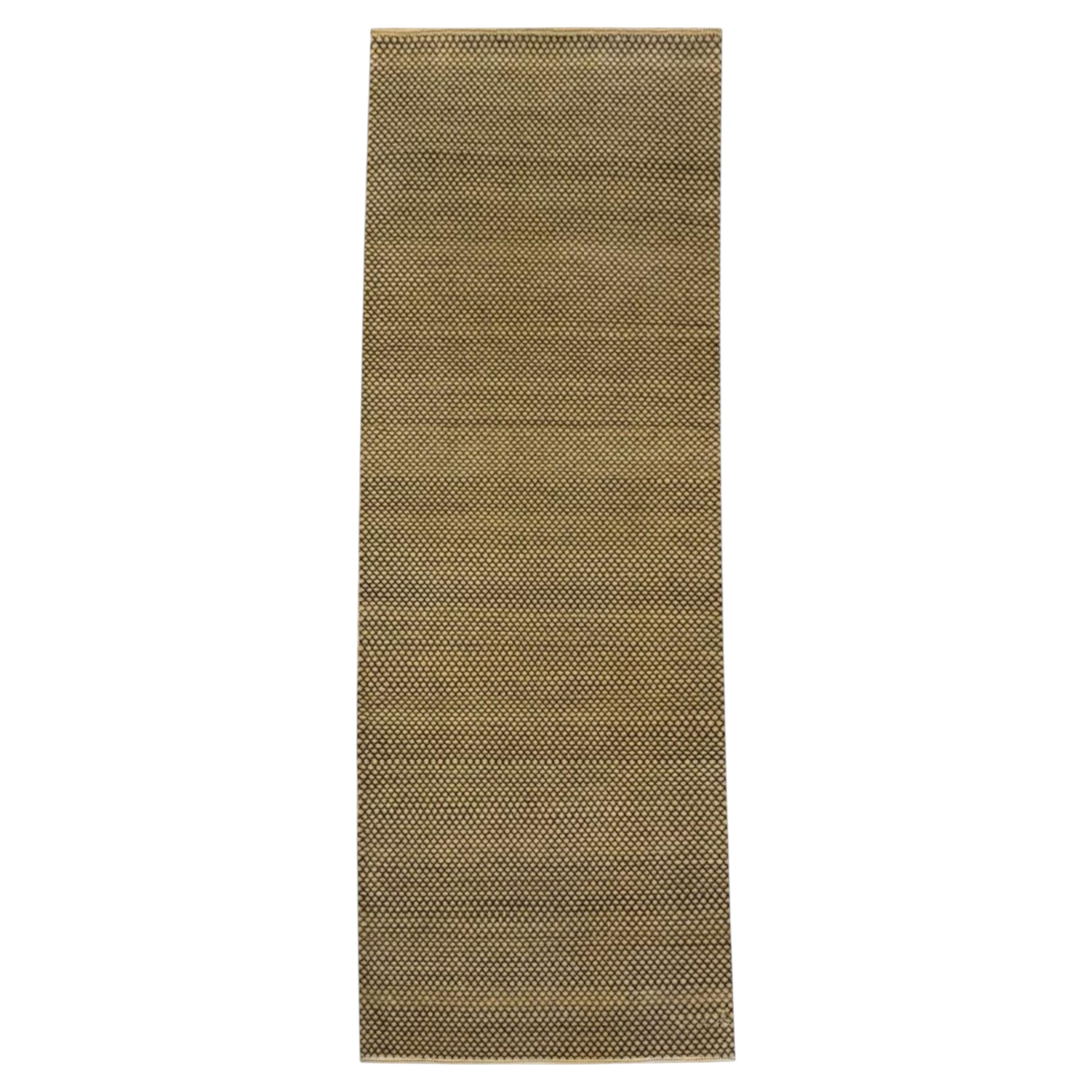 Hand-Knotted 3x8 Wool Runner Rug in Brown and Ivory Organic Geometric Pattern