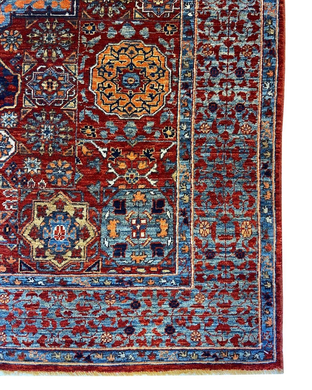 Teinture végétale Tapis afghan 4' x 6' noué à la main avec motif de médaillon en laine rouge et indigo en vente