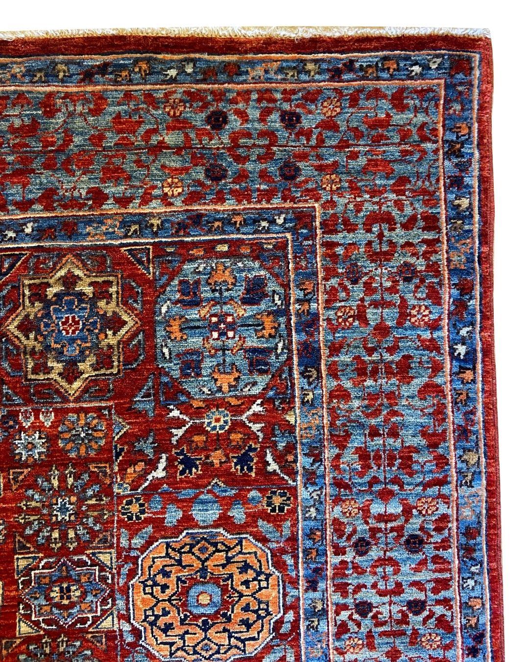 Tapis afghan 4' x 6' noué à la main avec motif de médaillon en laine rouge et indigo Neuf - En vente à New York, NY