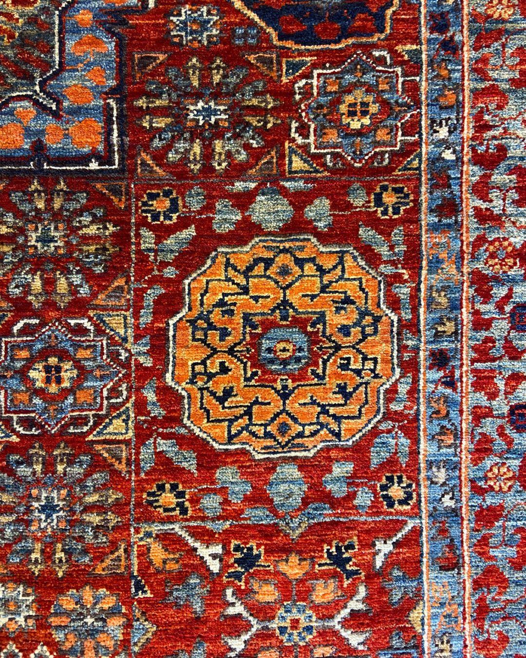 Laine Tapis afghan 4' x 6' noué à la main avec motif de médaillon en laine rouge et indigo en vente