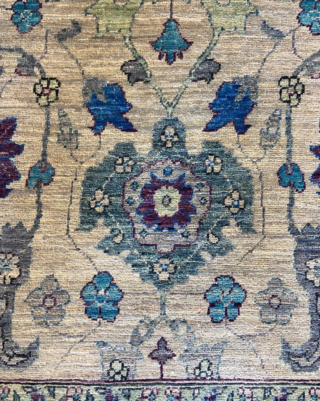 Tappeto persiano 4' x 6' annodato a mano in morbida lana biologica Sage, blu e prugna in vendita 1