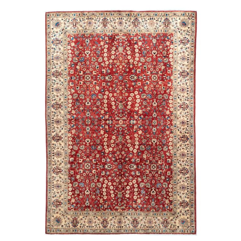 Hand-Knotted 6x9 Hereke Wool Rug Red Ivory Blue Floral Allover Carpet