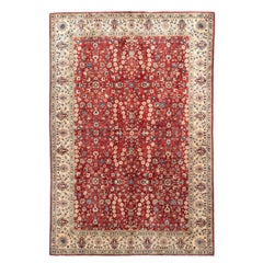 Hand-Knotted 6x9 Hereke Wool Rug Red Ivory Blue Floral Allover Carpet