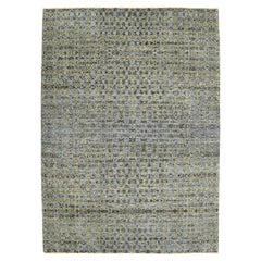 Hand-Knotted 6x9 Wool Rug in Blue, Gray and Green Abstract Geometric Design