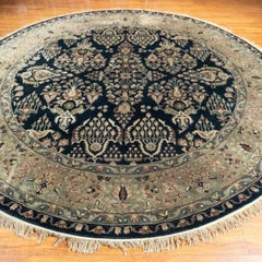 Hand-Knotted 8' Round Sarouk Wool Rug Black Gold Floral Medallion