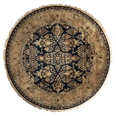 Hand-Knotted 8' Round Sarouk Wool Rug Black Gold Floral Medallion