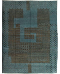 Hand-Knotted 8x10 Geometric Wool Rug in Blue & Brown Organic Modern Design
