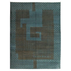 Hand-Knotted 8x10 Geometric Wool Rug in Blue & Brown Organic Modern Design