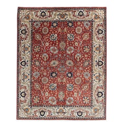 Hand-Knotted 8x10 Highland Wool Rug Red Ivory Blue Floral Allover Rug