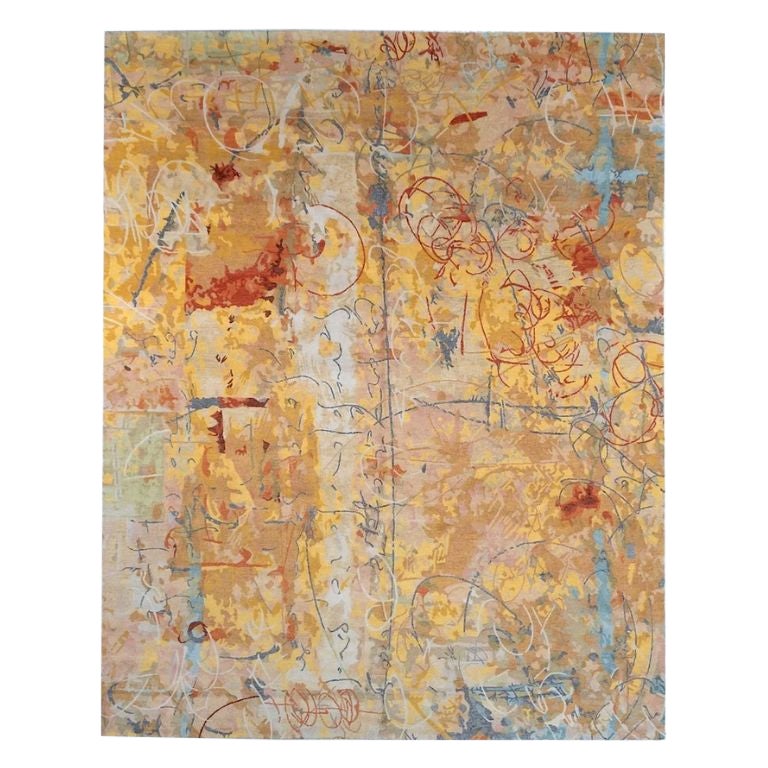 Hand-Knotted 8x10 Silk Wool Rug Gold Rust Blue Modern Abstract Art Rug