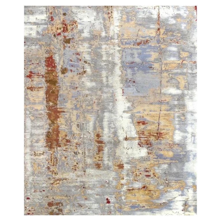 Hand-Knotted 8x10 Silk Wool Rug Gray Gold Rust Modern Brushed Art Rug