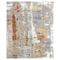 Hand-Knotted 8x10 Silk Wool Rug Gray Gold Rust Modern Brushed Art Rug