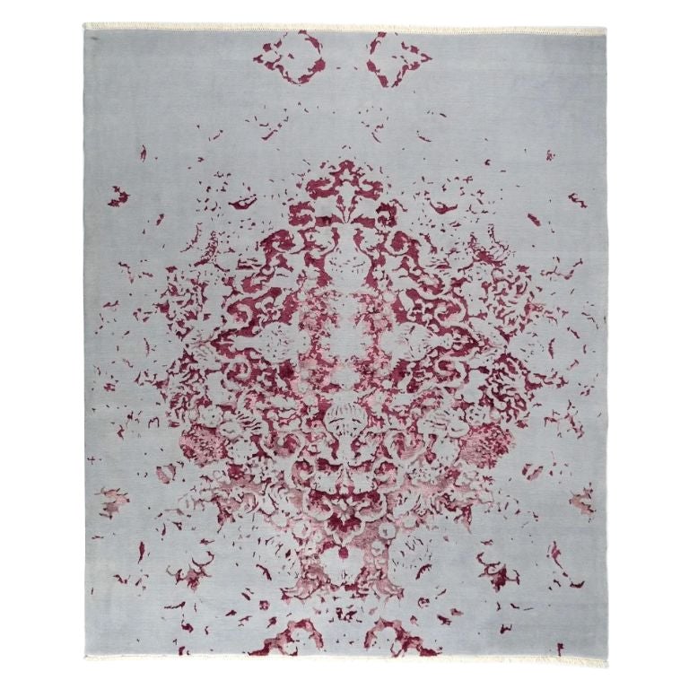 Hand-Knotted 8x10 Silk Wool Rug Gray Raspberry Abstract Medallion Rug For Sale
