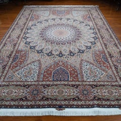 Hand-Knotted 8x12 Silk Wool Rug Ivory Rust Blue Dome Medallion Carpet