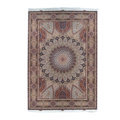 Hand-Knotted 8x12 Silk Wool Rug Ivory Rust Blue Dome Medallion Carpet