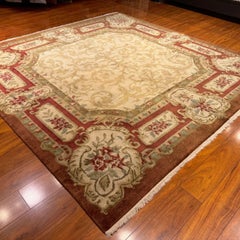 Hand-Knotted 8x8 Golden Age Wool Rug Ivory Burgundy Savonnerie Square