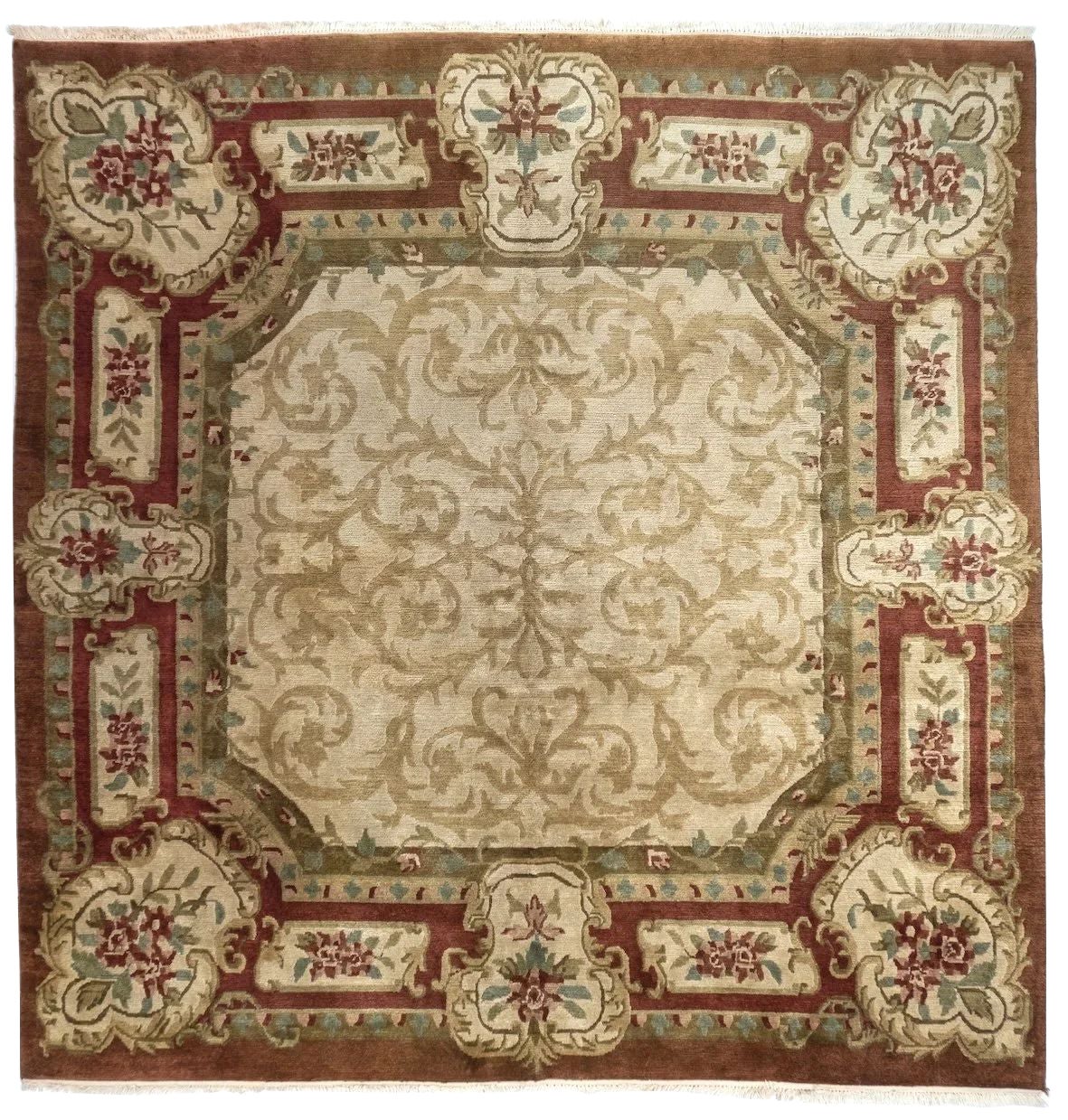 Alfombra de lana «Golden Age» de 8x8, anudada a mano, color marfil y burdeos, cuadrada, estilo Savonnerie