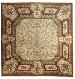 Hand-Knotted 8x8 Golden Age Wool Rug Ivory Burgundy Savonnerie Square