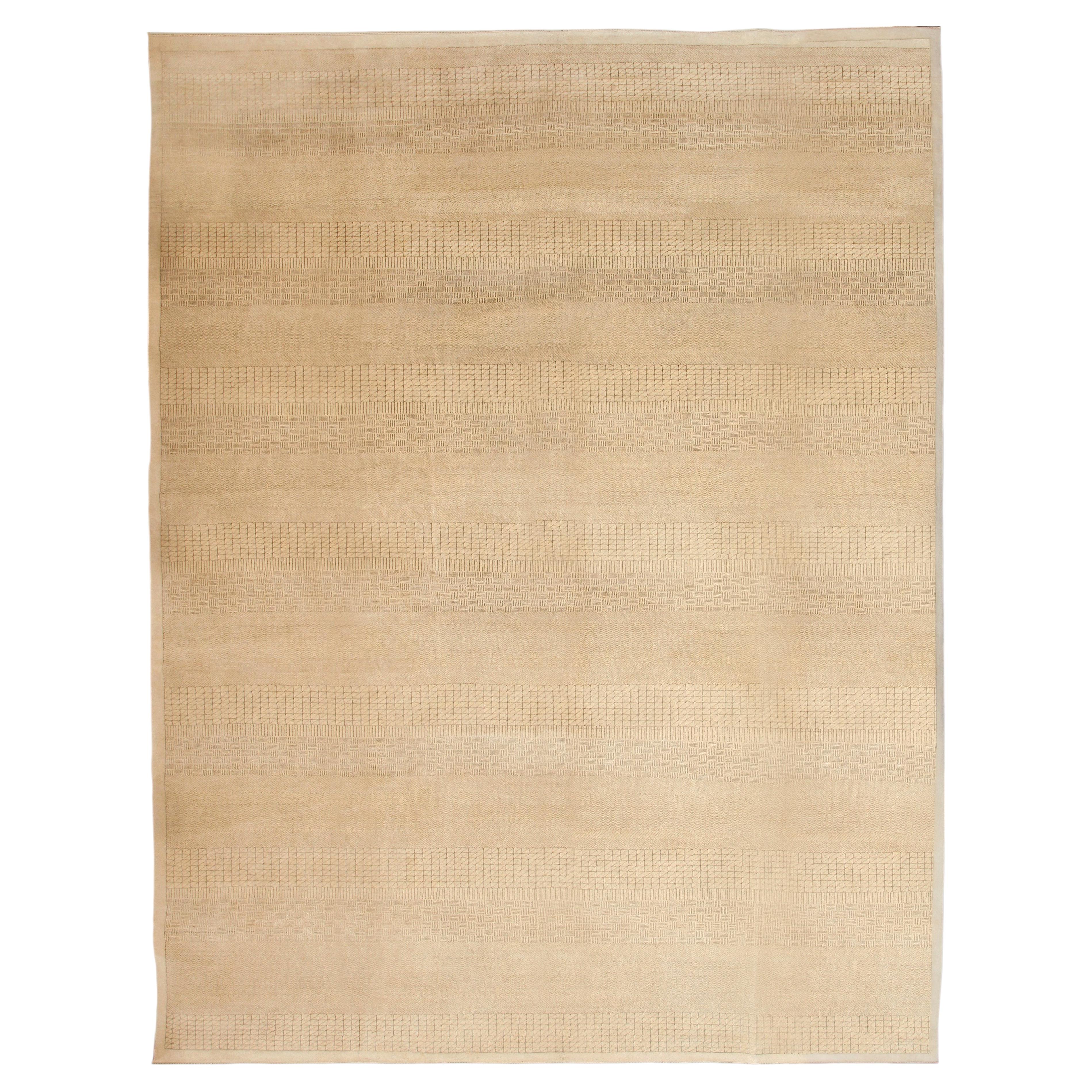 Hand-Knotted 9x12 Neutral Wool Rug, Minimalist Textured Geometric Stripe Design