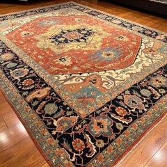 Hand-Knotted 9x12 Wool Rug Rust Navy Geometric Medallion Area Carpet