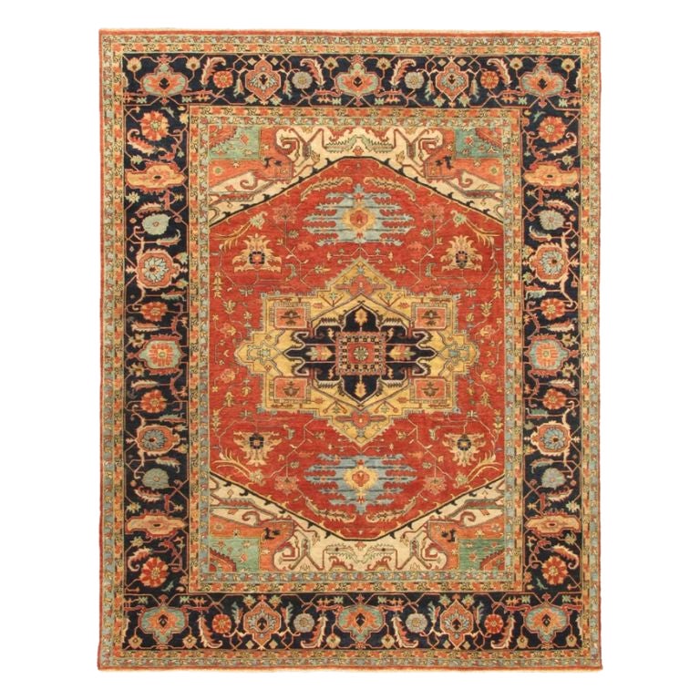 Hand-Knotted 9x12 Wool Rug Rust Navy Geometric Medallion Area Carpet For Sale