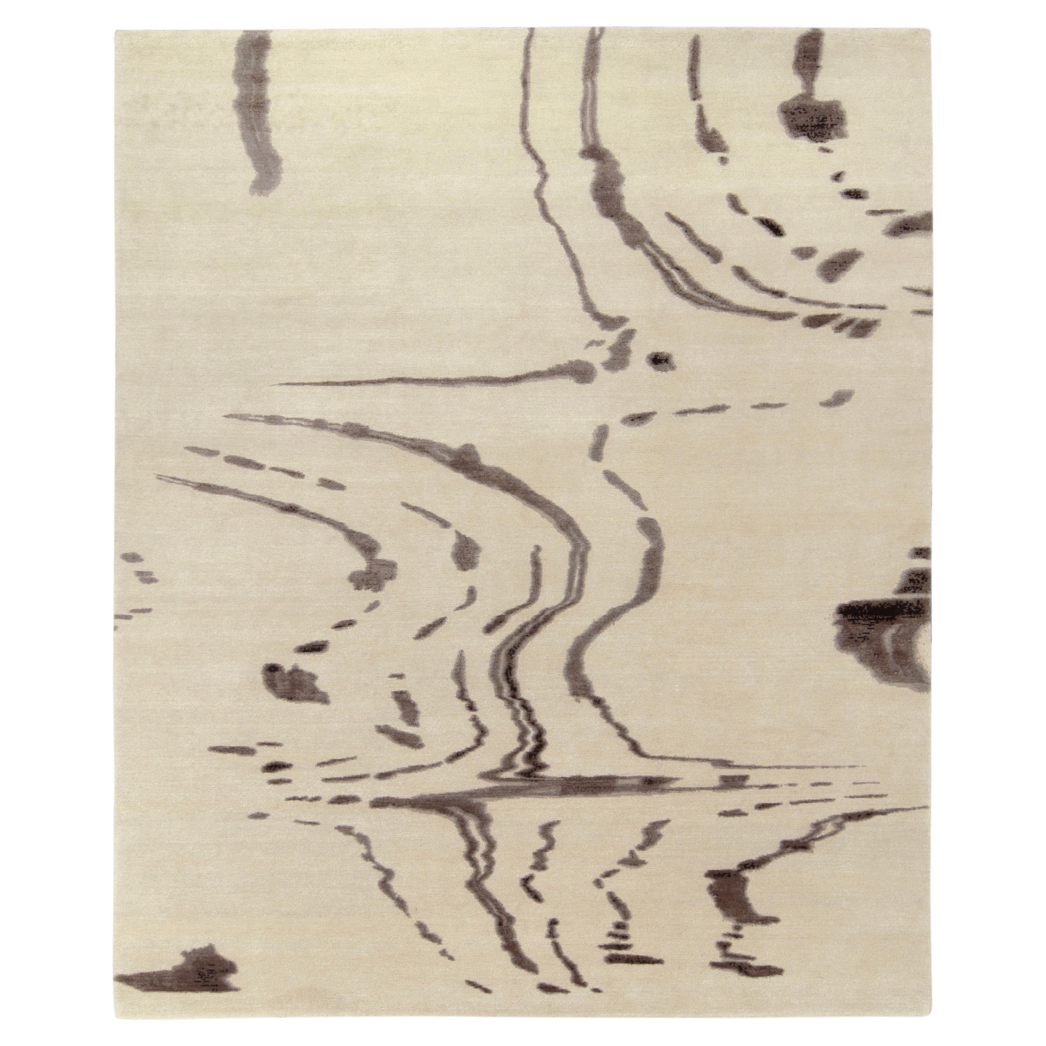 Rug & Kilim's Hand-Knotted Abstract Rug in Beige-Brown, White and Black Pattern For Sale