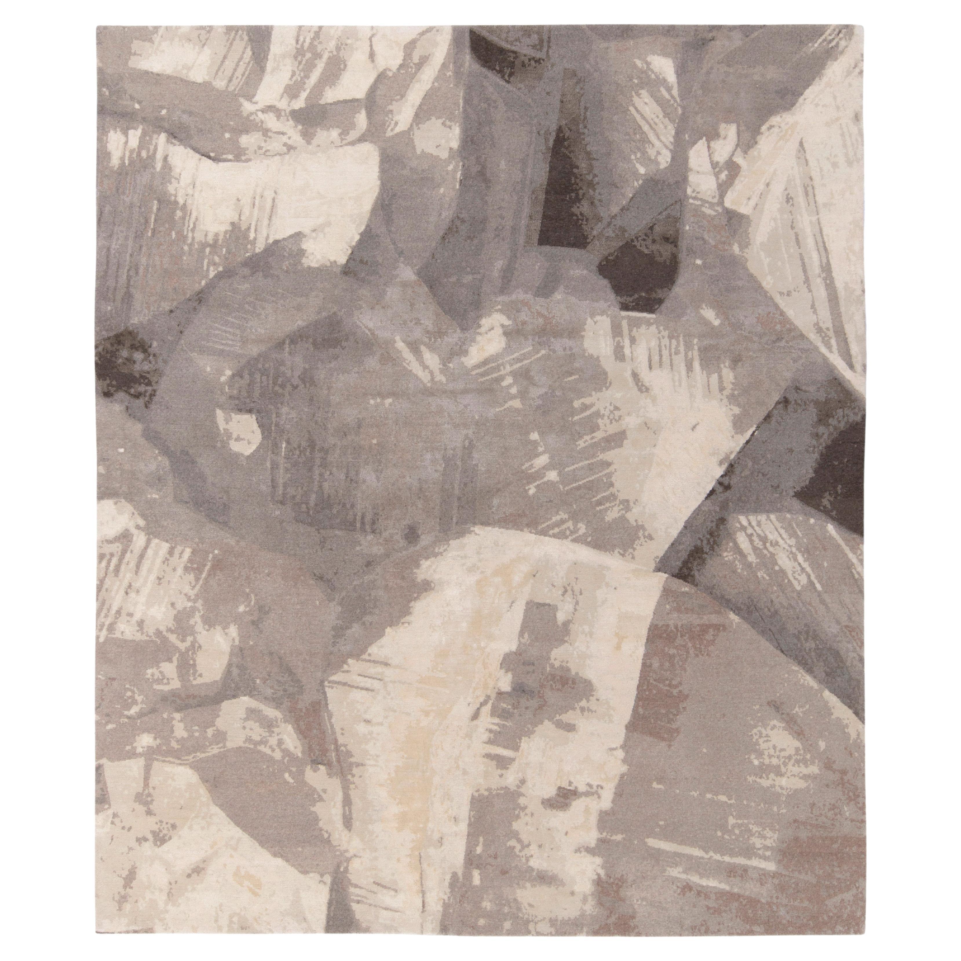 Handgeknüpfter abstrakter Teppich & Kelim-Teppich in Beige, Grau mit Farbstrichenmuster