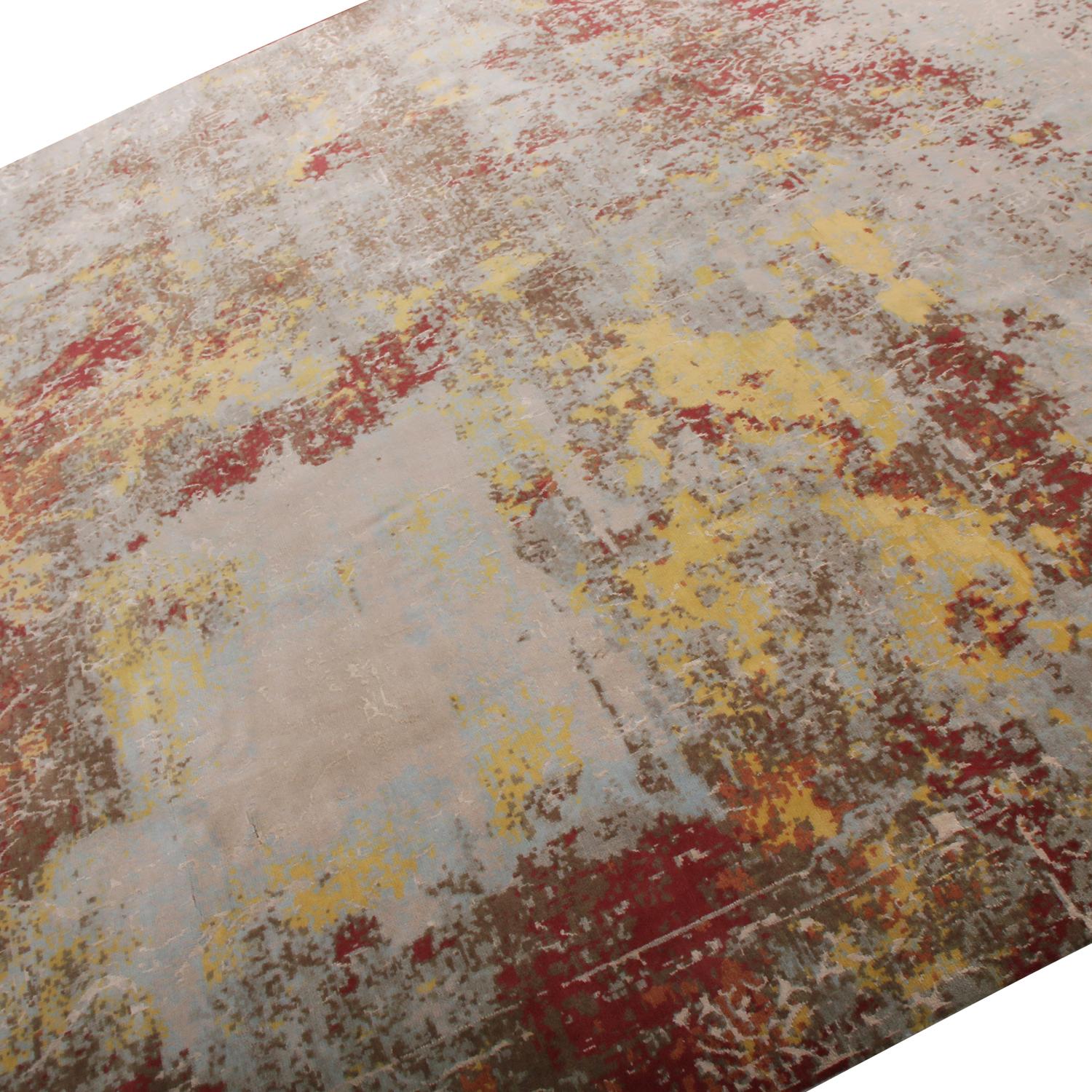 Indian Rug & Kilim's Hand-Knotted Abstract Rug in Maroon, Blue, Yellow Floral pattern For Sale