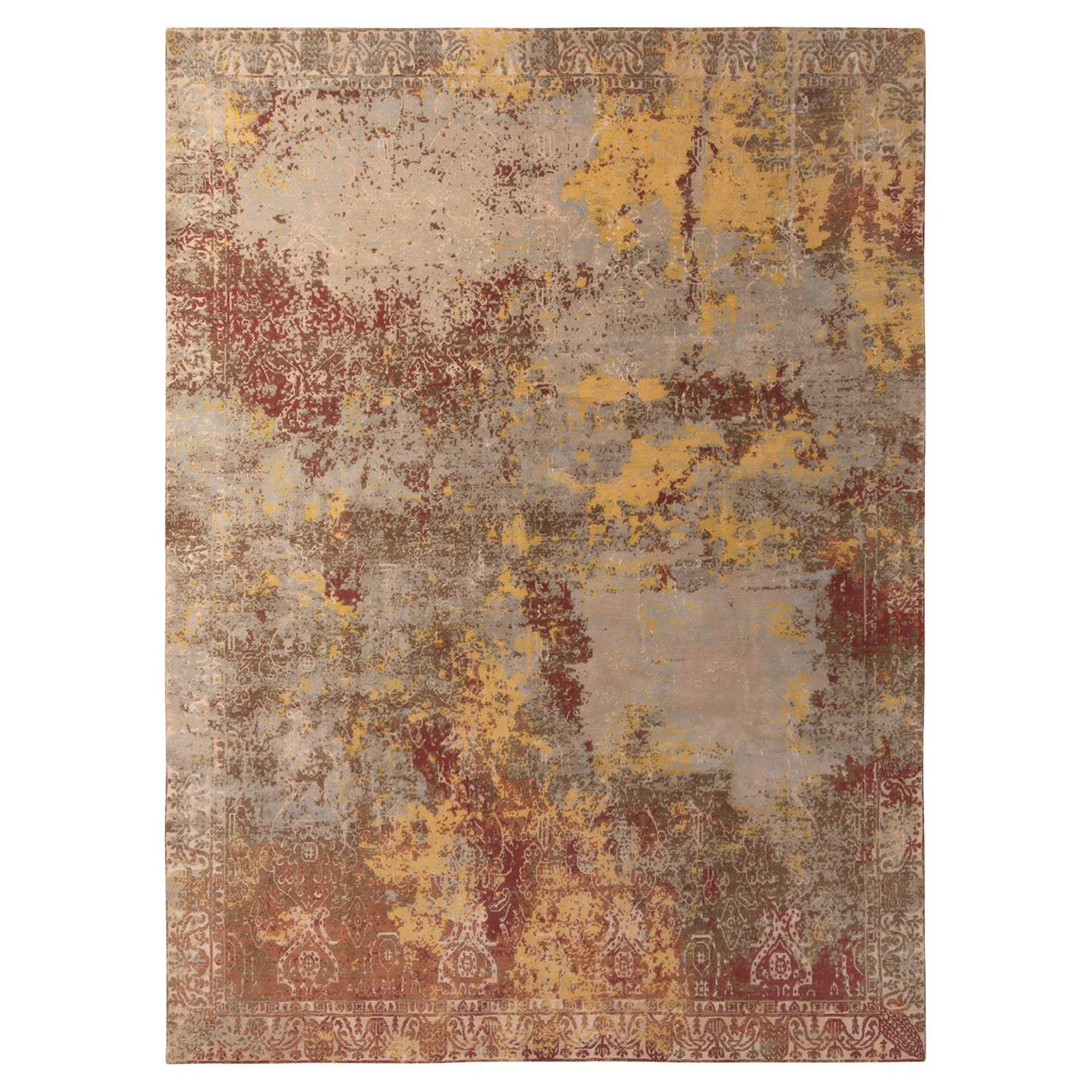 Rug & Kilim's Hand-Knotted Abstract Rug in Maroon, Blue, Yellow Floral pattern For Sale