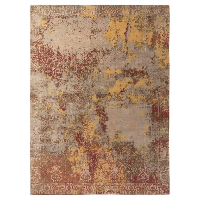 Hand-Knotted Abstract Rug in Maroon, Blue, Yellow Floral pattern by Rug & Kilim For Sale