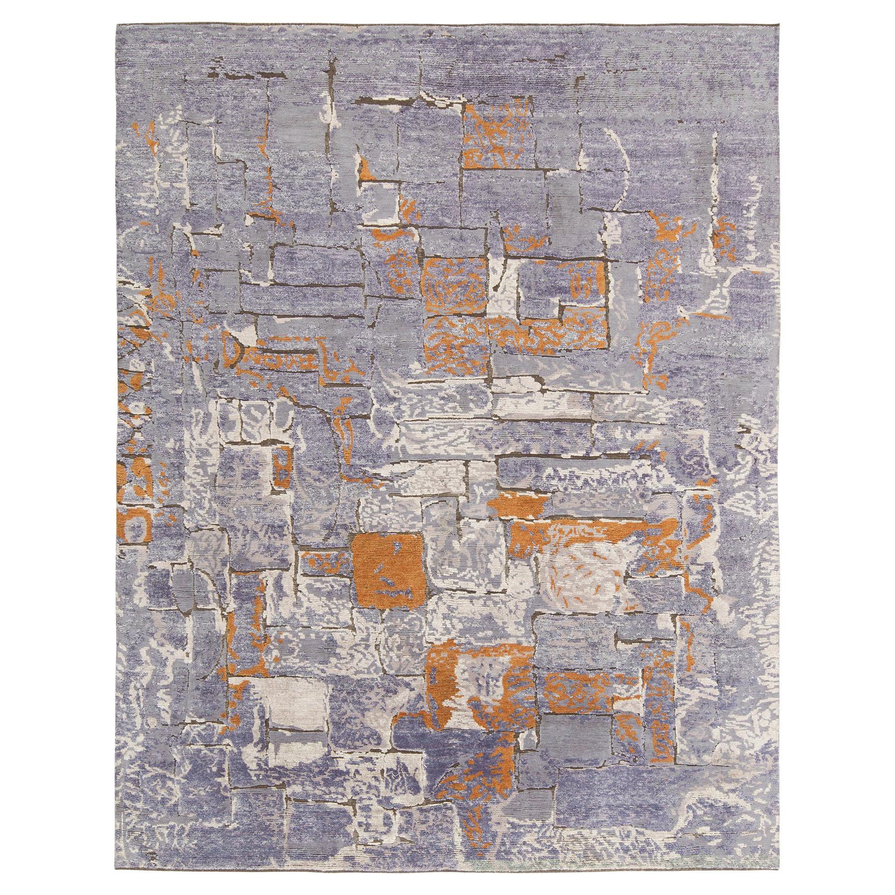 Handgeknüpfter abstrakter Teppich & Kelim-Teppich in Lila, Weiß, Orange-Muster