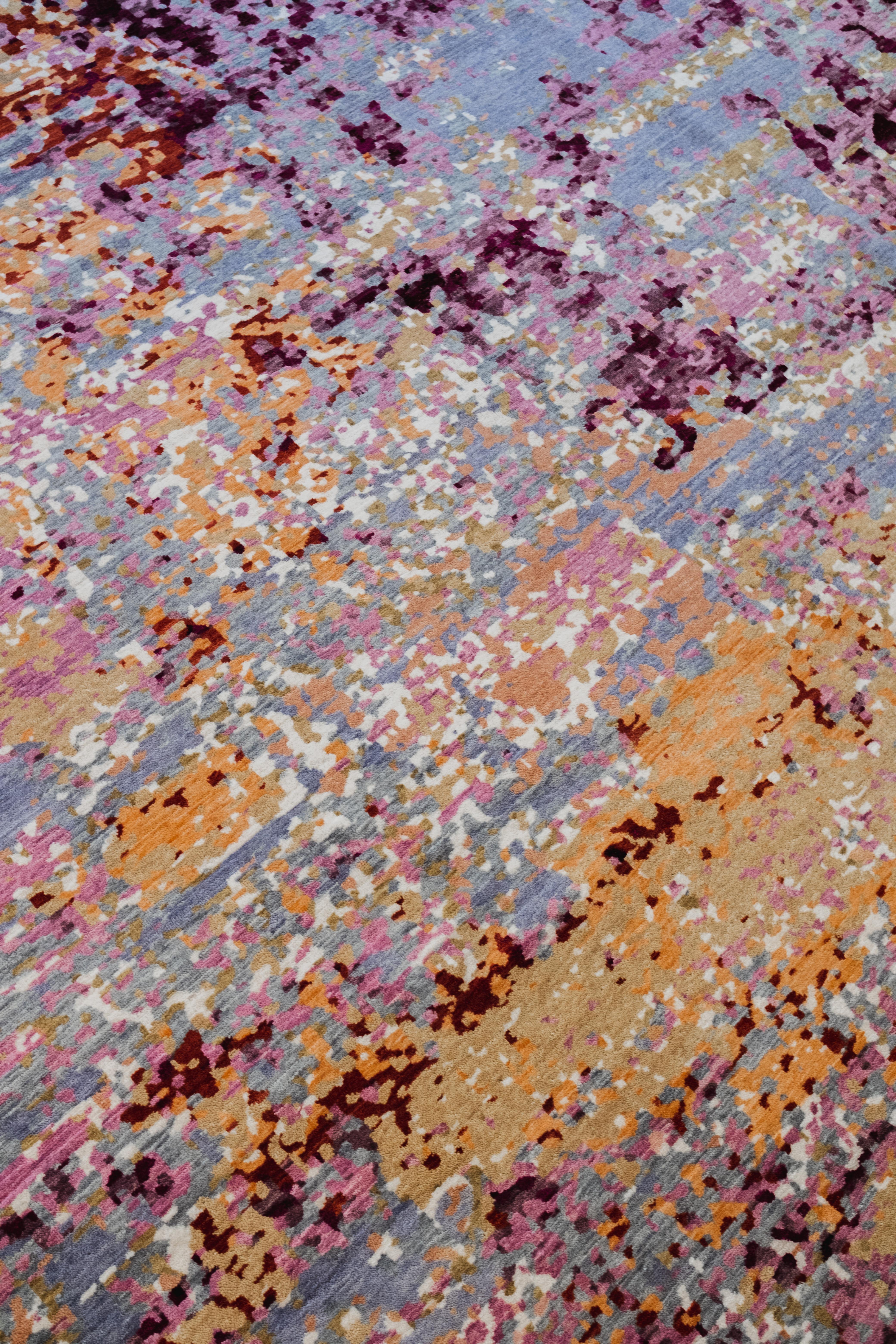 Tappeto persiano astratto in lana annodato a mano in blu, viola, rosso e giallo, 8 x 10 in vendita 2
