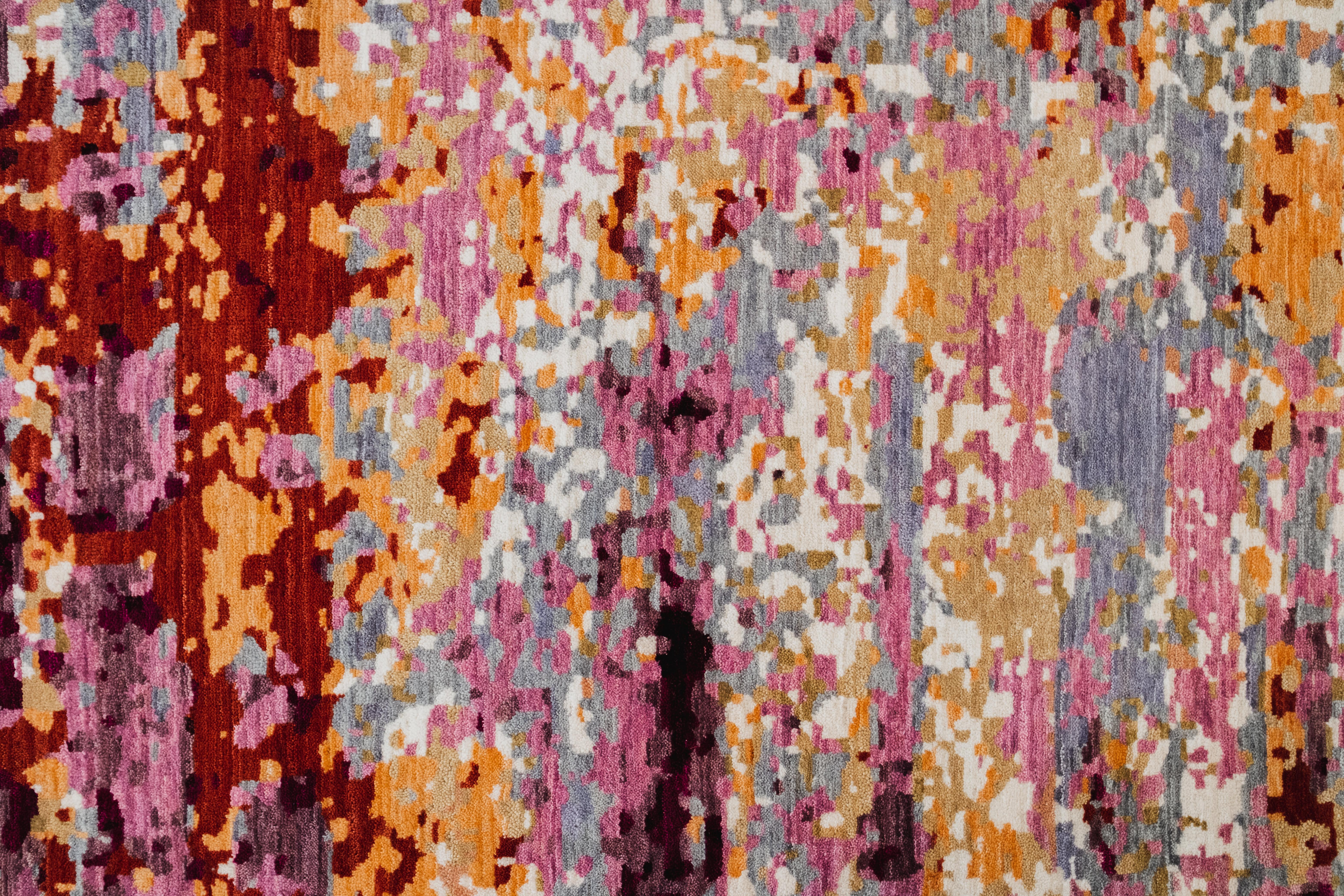 Tintura vegetale Tappeto persiano astratto in lana annodato a mano in blu, viola, rosso e giallo, 8 x 10 in vendita