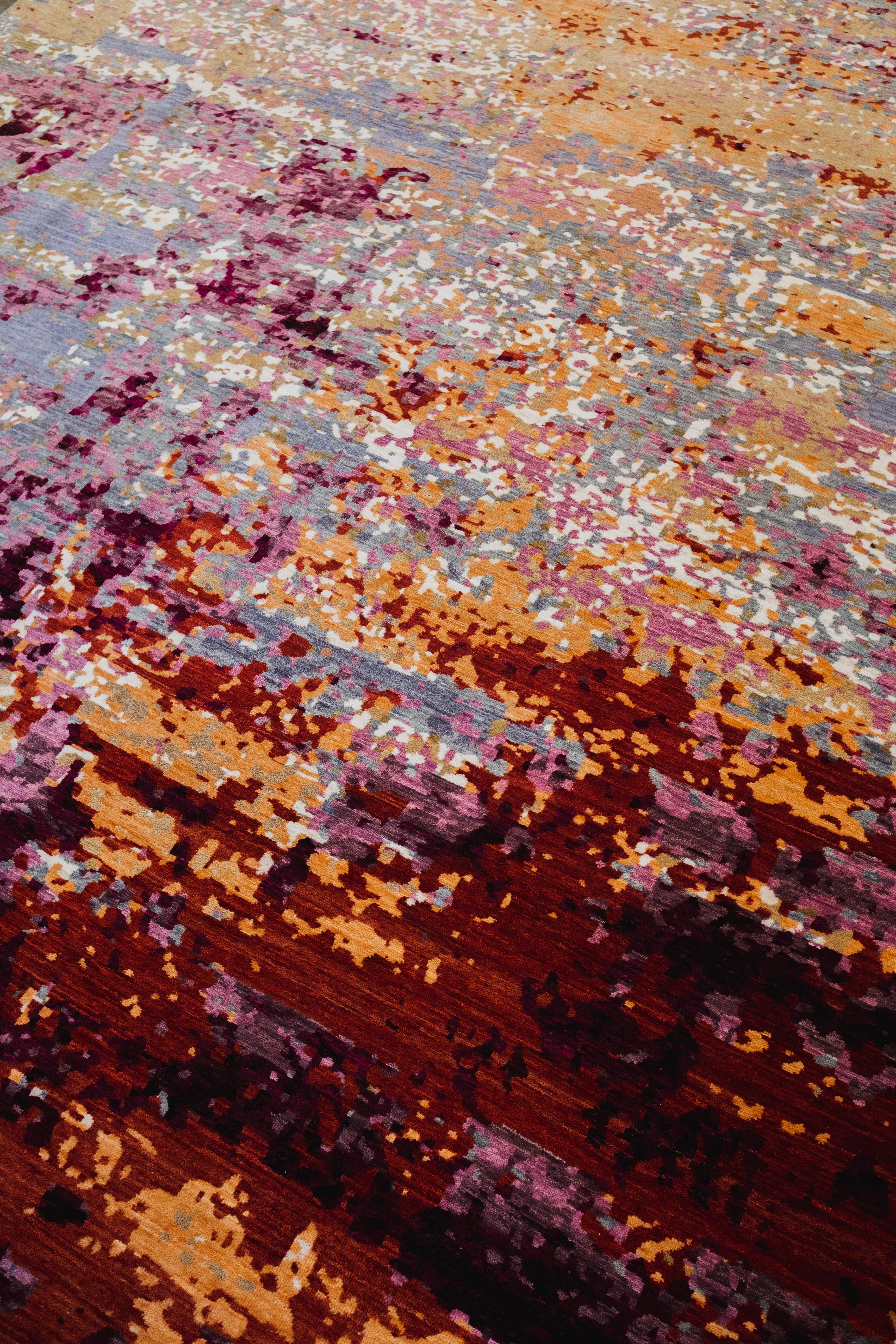 Lana Tappeto persiano astratto in lana annodato a mano in blu, viola, rosso e giallo, 8 x 10 in vendita