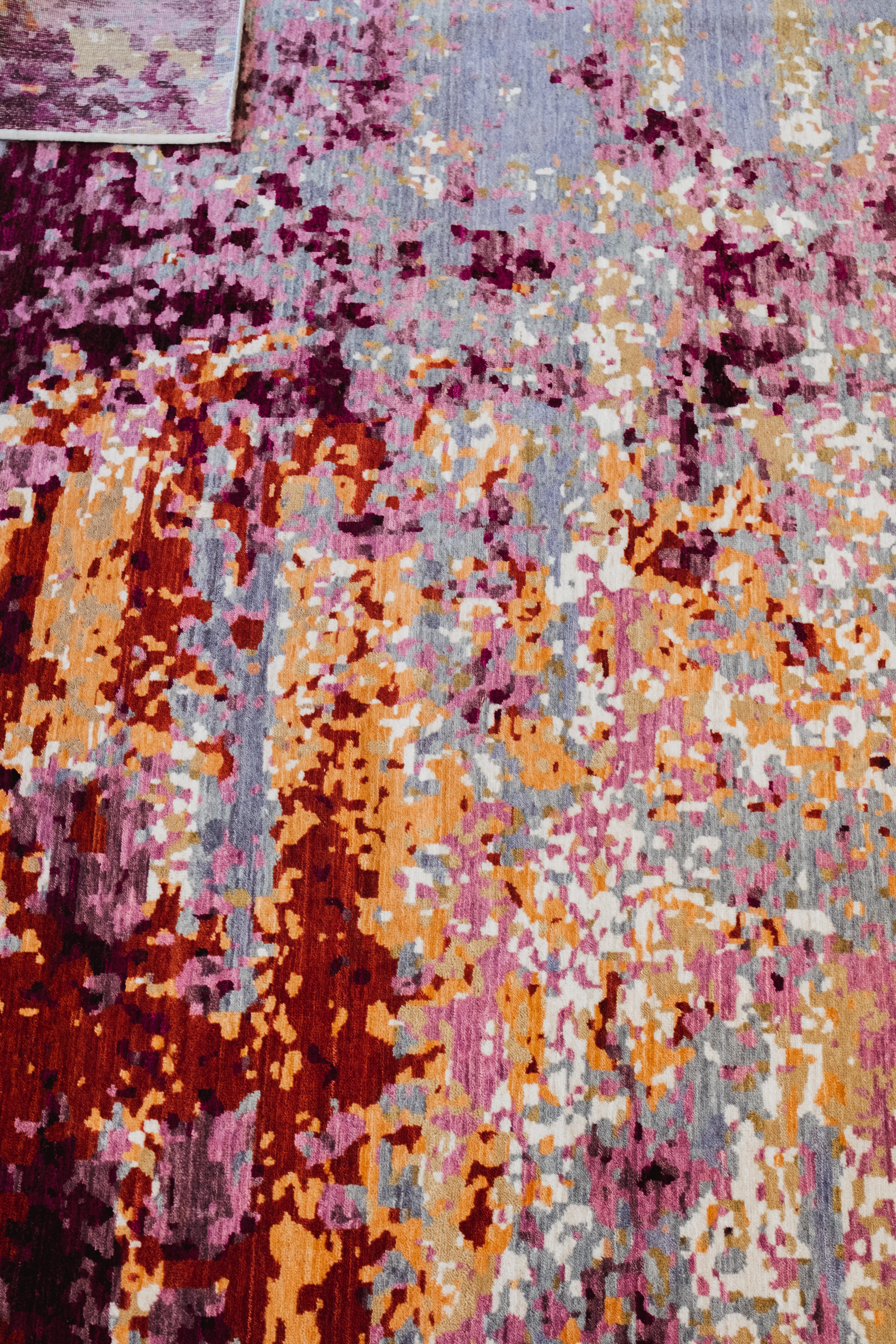 Tappeto persiano astratto in lana annodato a mano in blu, viola, rosso e giallo, 8 x 10 in vendita 1