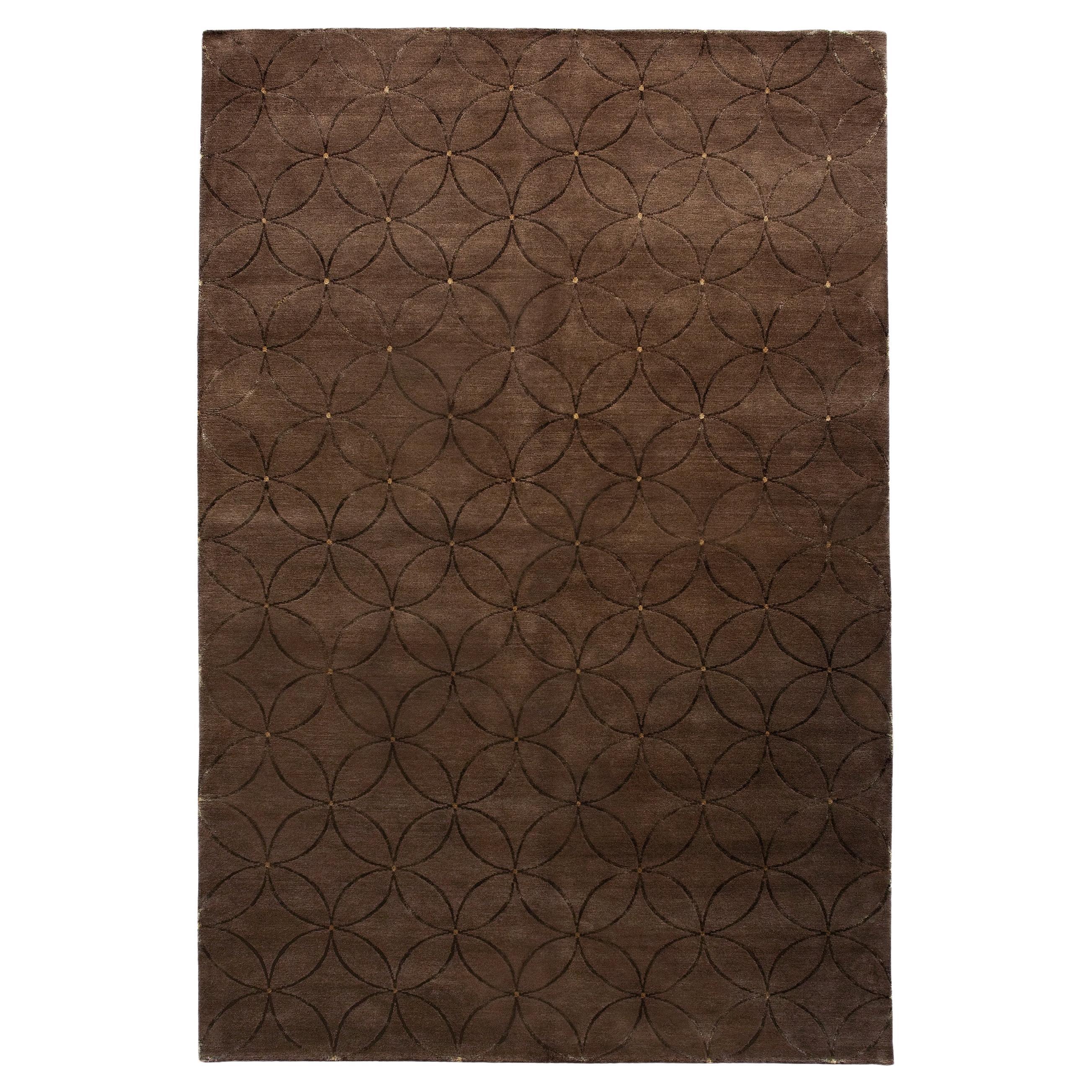 Luxury Modern Hand-Knotted Adaptations Circle Lattice Brown 12x16 Rug For Sale
