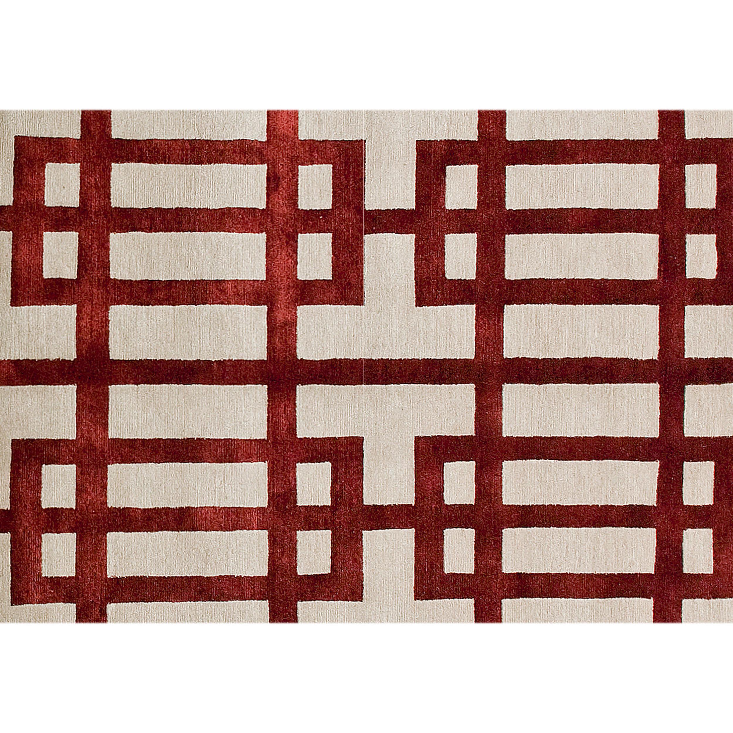 Contemporary Luxury Modern Hand-Knotted Adaptations Gated Lattice Garnet 10x14 Rug For Sale