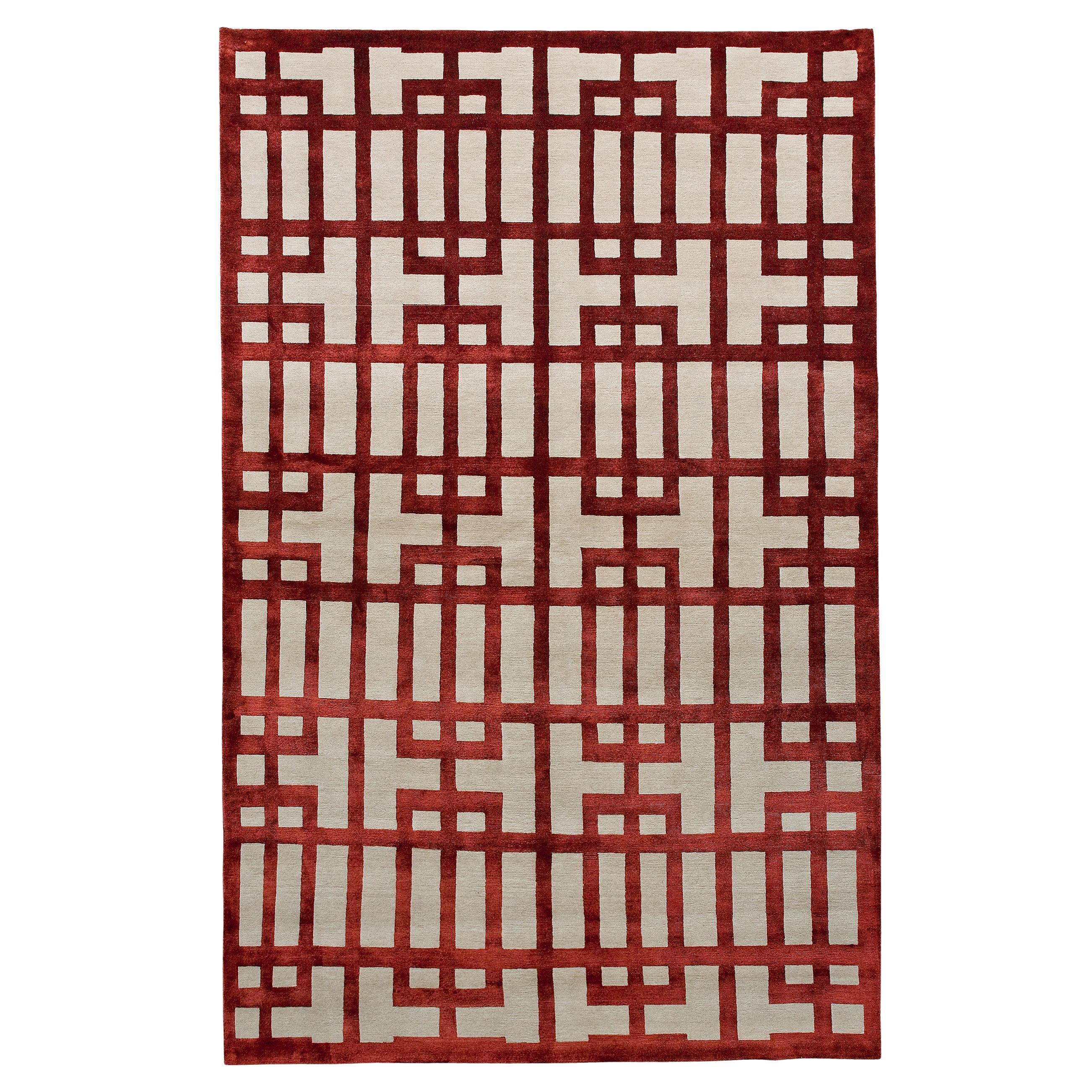 Luxury Modern Hand-Knotted Adaptations Gated Lattice Garnet 10x14 Rug For Sale
