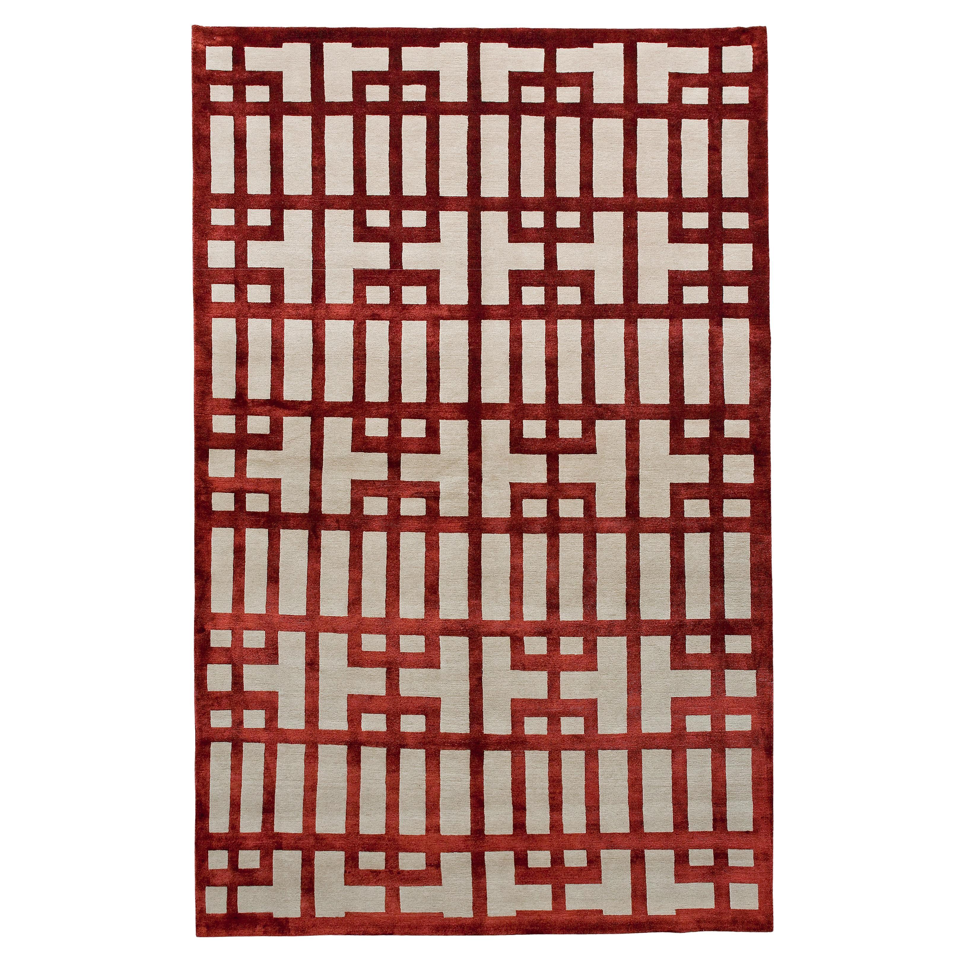 Luxury Modern Hand-Knotted Adaptations Gated Lattice Garnet 12x16 Rug For Sale