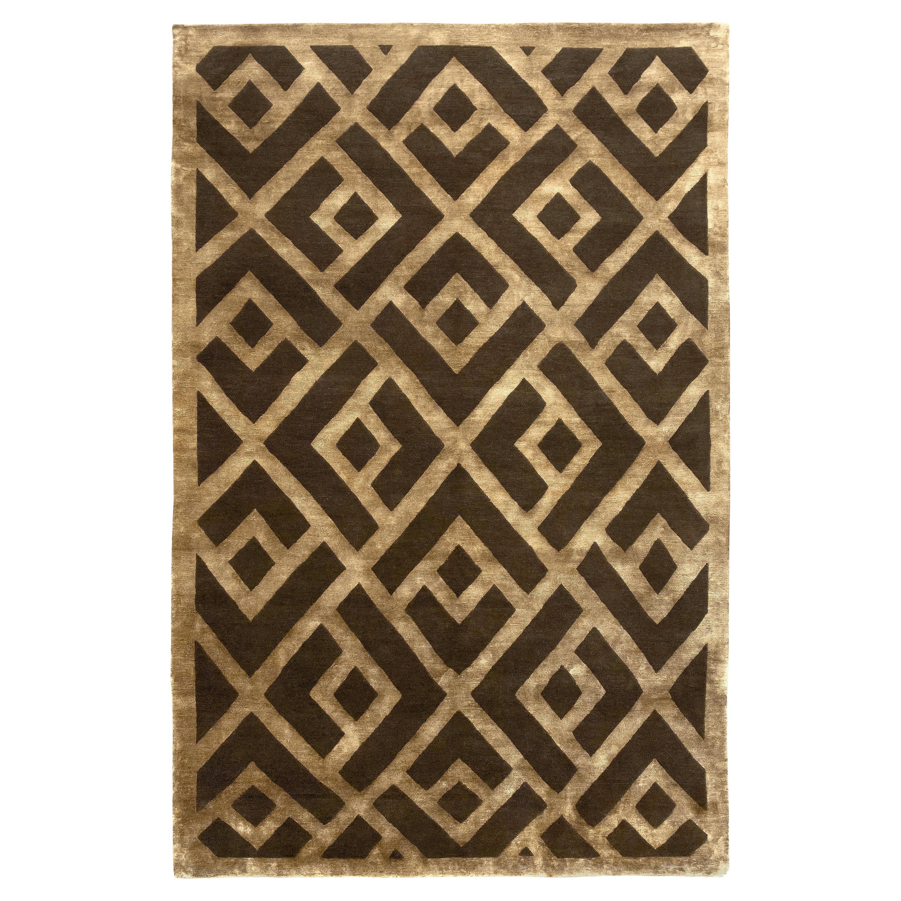 Luxury Modern Hand-Knotted Adaptations Laced Diamond Brown/Gold 12x16 Rug For Sale