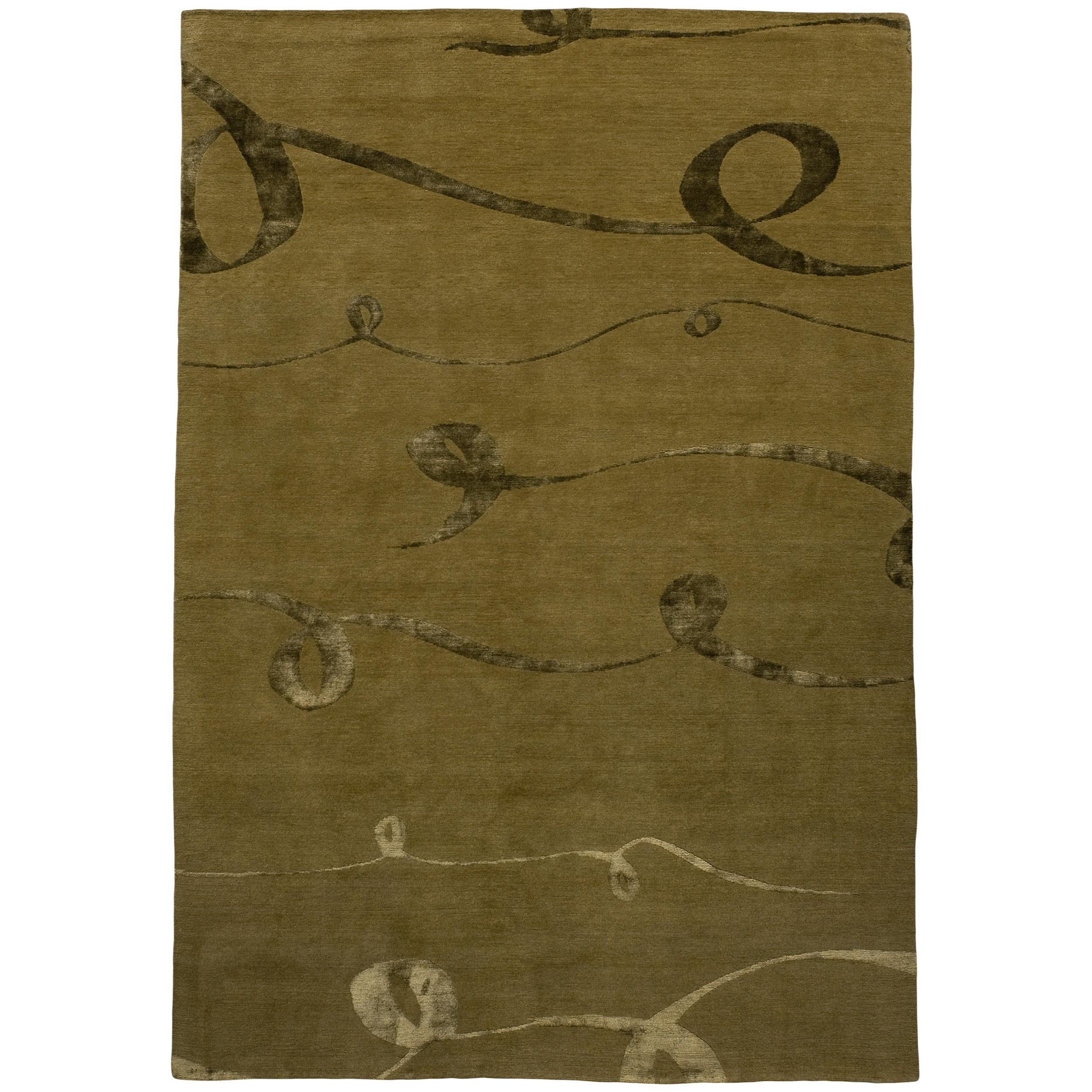 Wool Luxury Modern Hand-Knotted Adaptations Ribbon Gold 12x16 Rug For Sale