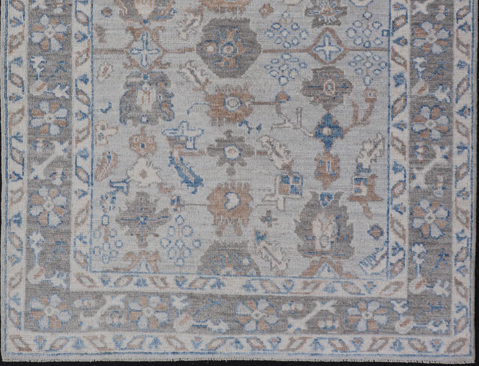 Wool Hand-Knotted Afghan All-Over Floral Oushak with Multi-tiered Border For Sale