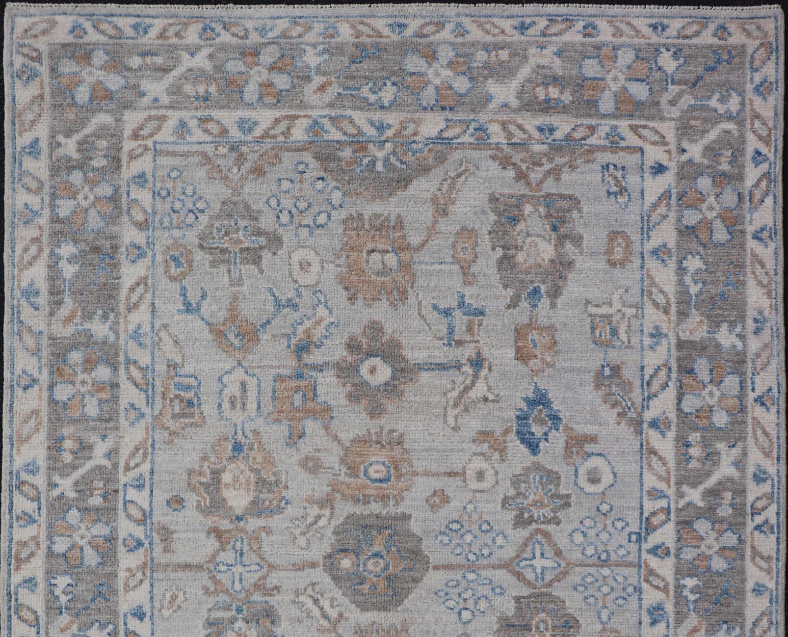 Hand-Knotted Afghan All-Over Floral Oushak with Multi-tiered Border For Sale 1