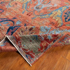 Hand-Knotted Afghan Bijar Wool Rug in Coral and Blue, 9' x 12'